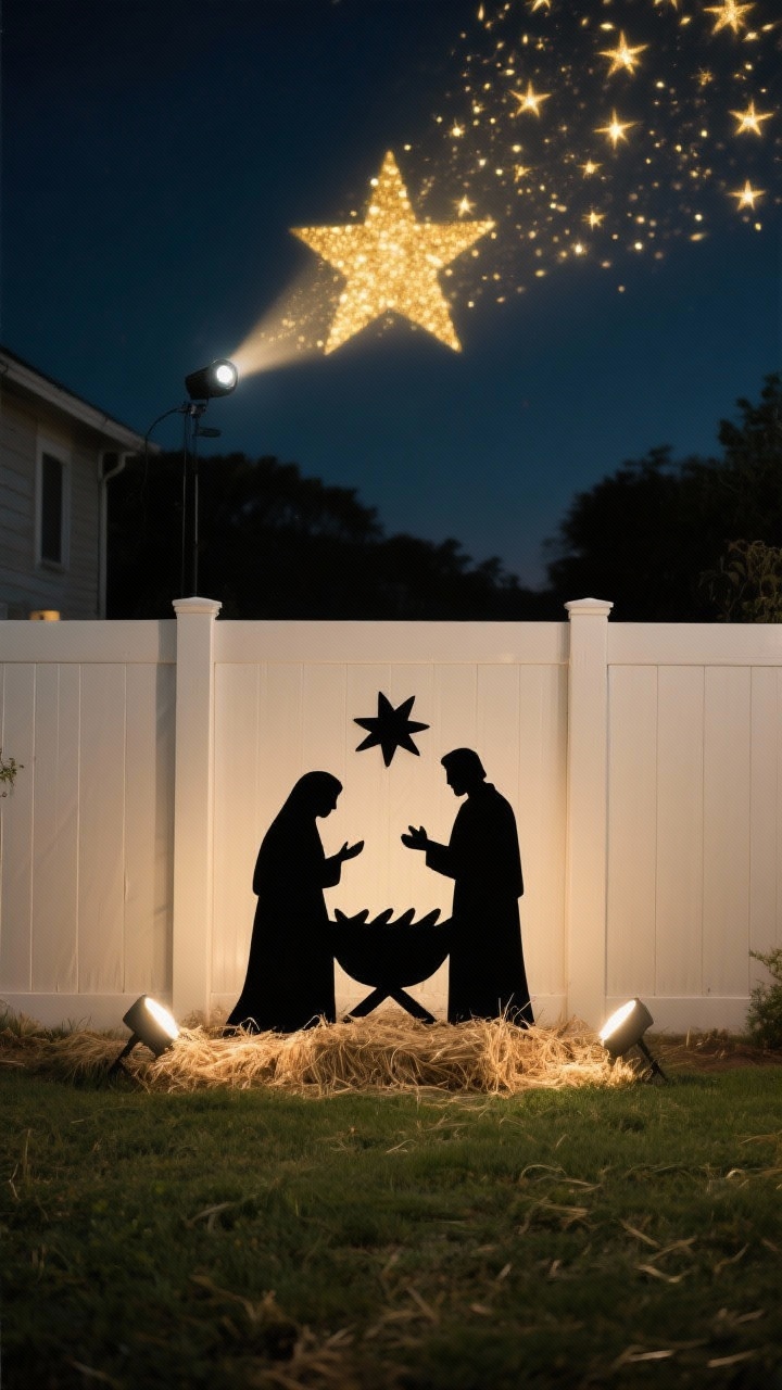 Wide serene backyard fence scene at night: a plywood nativity silhouette (Mary, Joseph, manger) painted matte black standing against a fence line; soft gold starlight projected above via a garden projector, creating a starry canopy; natural straw scattered at the base; two small spotlights providing gentle emphasis; palette black silhouette, gold starlight, natural straw; calm, reverent mood; straight-on symmetrical framing.