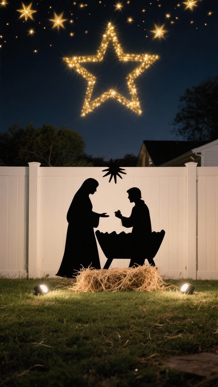 Wide serene backyard fence scene at night: a plywood nativity silhouette (Mary, Joseph, manger) painted matte black standing against a fence line; soft gold starlight projected above via a garden projector, creating a starry canopy; natural straw scattered at the base; two small spotlights providing gentle emphasis; palette black silhouette, gold starlight, natural straw; calm, reverent mood; straight-on symmetrical framing.