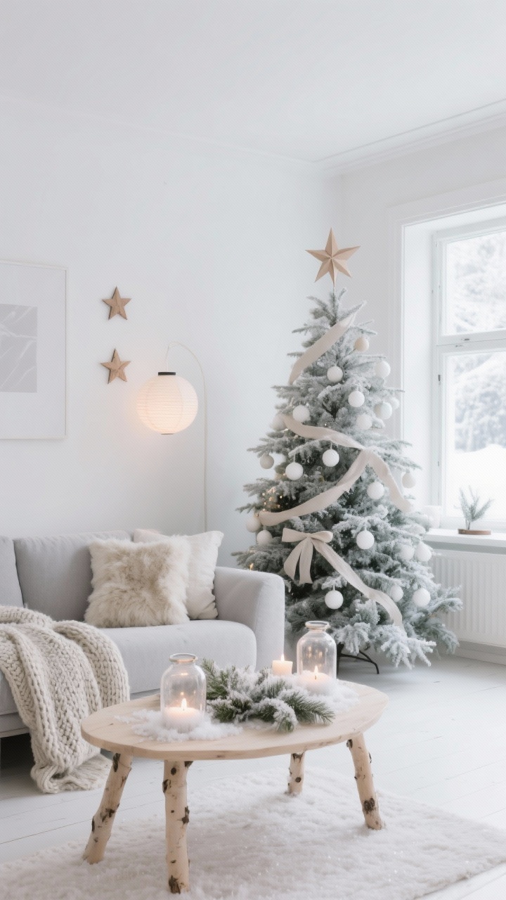 Wide shot: A serene Nordic minimal living room in white and pale gray, blonde wood accents, a flocked Christmas tree with matte white baubles, tiny wooden stars, and simple linen ribbons; light-gray sofa with chunky knit throw and shearling pillows; pale birch coffee table holding glass hurricanes filled with faux snow and candles; frosted greenery and a softly glowing paper star lantern in the window; airy daylight, calm, snowy ambiance, photorealistic.