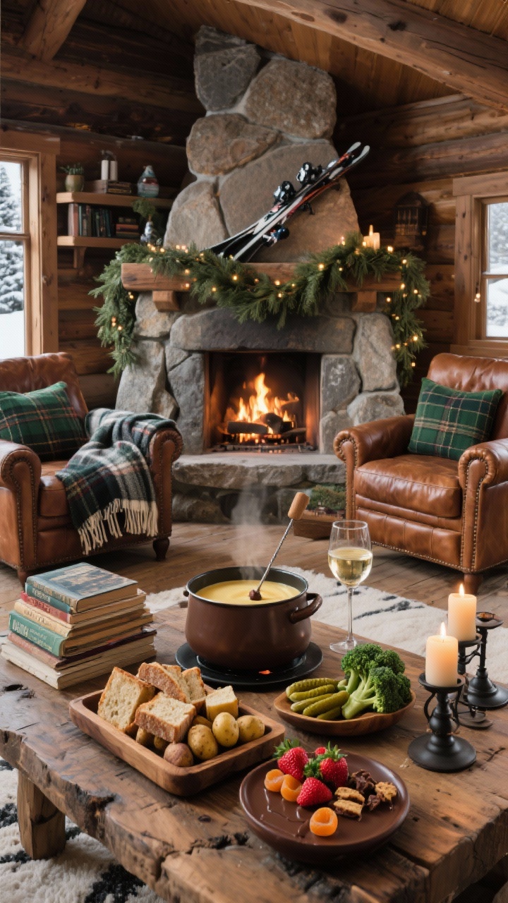 Wide shot, angled from the hearth: A cozy cabin den with ski-lodge vibes. Leather club chairs in tobacco brown, plaid wool throws, a stone fireplace with pine garland threaded with barely-there twinkle lights. Chunky wooden coffee table stacked with old skiing books. Fireside fondue on the table: classic pot of bubbling gruyère and white wine, wooden trays with cubes of crusty bread, roasted baby potatoes, cornichons, blanched broccoli; a second pot of chocolate fondue with strawberries, dried apricots, and shortbread. Iron candle holders add warm glow. Palette: tobacco leather, forest green, charcoal, cream. Photorealistic.