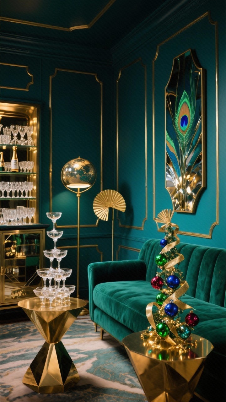 Wide shot, Art-Deco Jewel Box Lounge: glamorous lounge with deep teal/peacock walls and thin gold picture-frame molding; low emerald velvet sofa, geometric brass side tables; slimmer Christmas tree with glass ornaments in jewel tones (emerald, sapphire, garnet), brass fan picks, and silk ribbon; bar cabinet displaying cut crystal glassware and a stacked tower of coupe glasses like a mini champagne tree; globe floor lamp with brass detail; deco-inspired abstract art with mirrored accents; moody yet sparkling light, photorealistic.