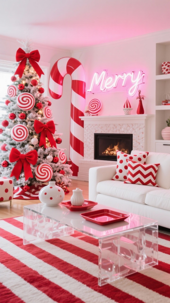 Wide shot: Candy cane pop art play living room with bold red-and-white graphics; tree decked in oversized candy-cane ornaments, peppermint swirls, and big red ribbon bows; white sofa with polka-dot and chevron pillows; striped rug anchoring the space; acrylic and glossy ceramic accents, lacquer trays on a side table; neon “Merry” sign glowing above the mantel; splash of bubblegum pink; bright, fun lighting.