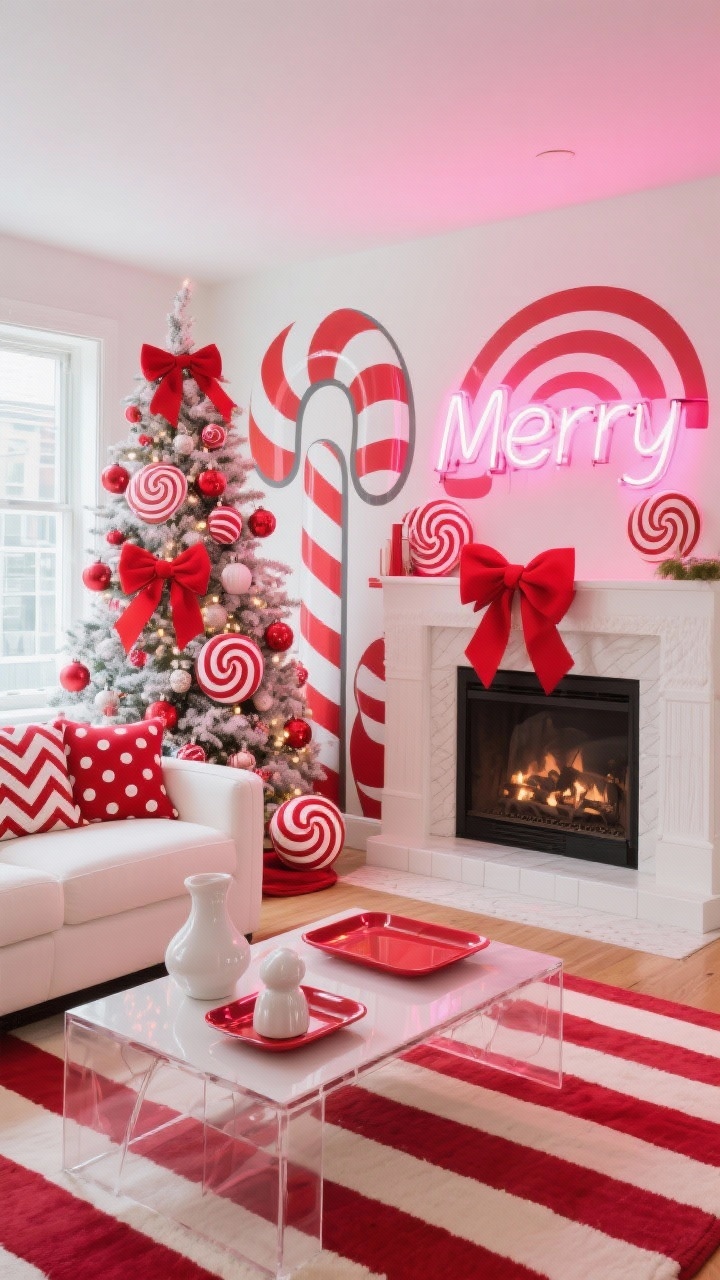 Wide shot: Candy cane pop art play living room with bold red-and-white graphics; tree decked in oversized candy-cane ornaments, peppermint swirls, and big red ribbon bows; white sofa with polka-dot and chevron pillows; striped rug anchoring the space; acrylic and glossy ceramic accents, lacquer trays on a side table; neon “Merry” sign glowing above the mantel; splash of bubblegum pink; bright, fun lighting.