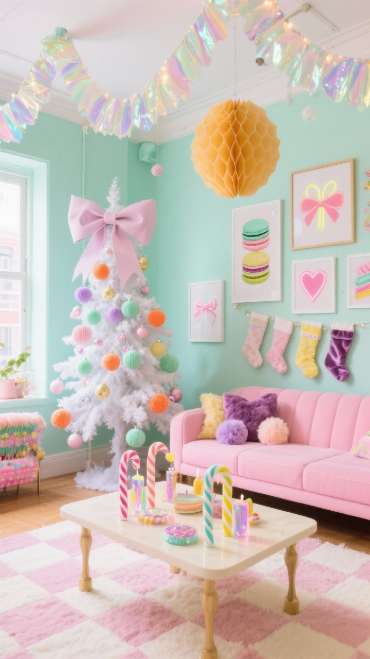 Wide shot — Candy Pop Loft: Pastel maximalist living area with pale mint walls, a bubblegum pink sofa, a frosted white tree loaded with pastel baubles in sherbet orange, pistachio, lilac, and lemon, oversized paper honeycombs hanging from the ceiling, an iridescent-garland-draped scene with pom-pom stockings and velvet ribbon bows, a cream-and-blush checkerboard rug, a coffee table sprinkled with iridescent candles and offbeat-colored striped candy canes, a gallery wall of playful prints (bows, macarons, neon hearts); bright, sparkly lighting without harsh glare, giant pastel bow tree topper.