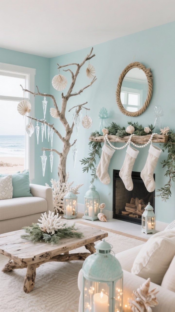 Wide shot — Coastal Icicle Suite: Serene beachy holiday living room painted in misty sea-glass blue, sand-colored sectional, driftwood coffee table, sparse airy tree adorned with capiz shells, glass icicles, and frosted coral; pearl bead garlands woven through eucalyptus; floor lanterns filled with battery fairy lights and seashells; rope-wrapped mirror, linen stockings, and a bleached driftwood branch over the mantle; colors of sea-glass, foam white, pearl, and pale aqua; cool, gentle morning-like illumination with eucalyptus and cedarwood ambience implied.