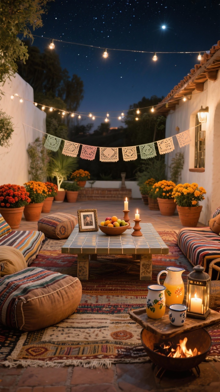 Wide shot — Courtyard of Remembrance Patio: An outdoor patio at night with café lights strung overhead, layered rugs forming a cozy living area under the stars. A low tile-topped table at center styled as a simple ofrenda with weathered photo frames, a bowl of fruit, clay candlesticks, and a strand of papel picado fluttering. Perimeter lined with terracotta pots of marigolds and cempasúchil-colored mums. Woven loungers draped with striped serapes, oversized floor cushions, hand-painted pitchers of agua fresca with enamelware cups on a side tray. Lanterns with LED candles and a glowing fire bowl add warmth. Shot straight-on, atmospheric night lighting, photorealistic.