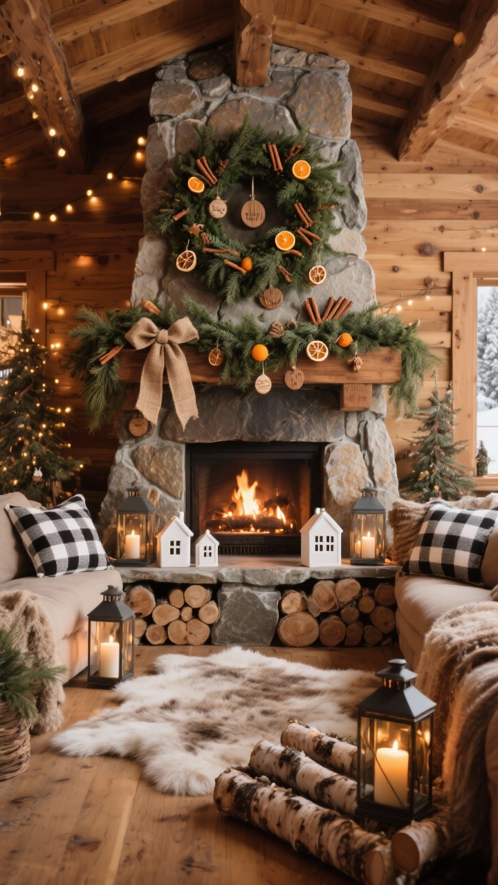 Wide shot: Cozy alpine lodge scene with warm wood tones; stone fireplace crowned by a thick cedar garland studded with dried oranges and cinnamon sticks; gathered-from-the-woods tree with wooden ornaments, burlap ribbon, and white ceramic houses nestled beneath; buffalo-check pillows and a faux-fur rug; lanterns with flameless candles and stacked birch logs; color palette of warm neutrals, evergreen, and cinnamon-brown; soft firelight and twinkle lights.