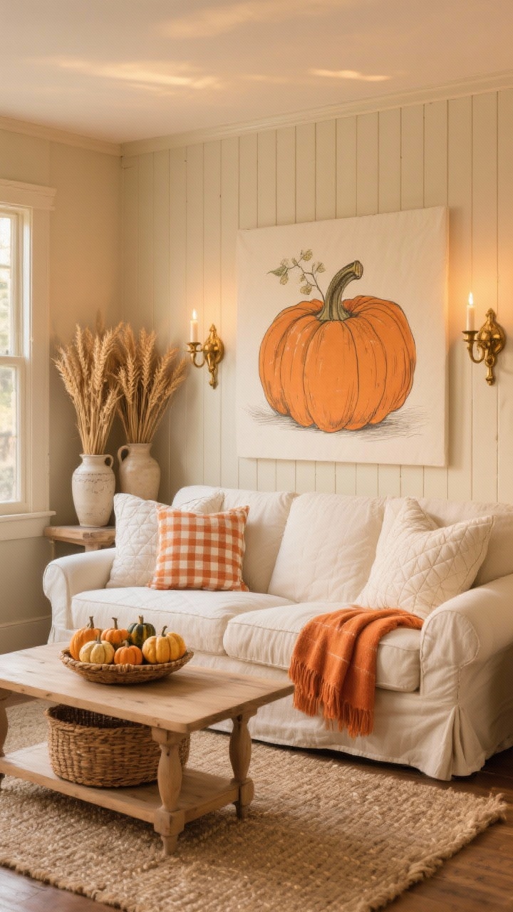 Wide shot, cozy cottage living room styled around a hand-drawn pumpkins iPhone wallpaper in soft creams and muted oranges; buttermilk slipcovered sofa with quilted pillows and a gingham throw in burnt orange, light oak coffee table with a woven basket of mini gourds, beadboard accent wall painted warm oatmeal, stitched jute rug, antique brass wall sconces casting soft candlelight, dried wheat bundles in ceramic jugs; color palette oatmeal, pumpkin, cream, antique brass; photorealistic, warm golden evening light.