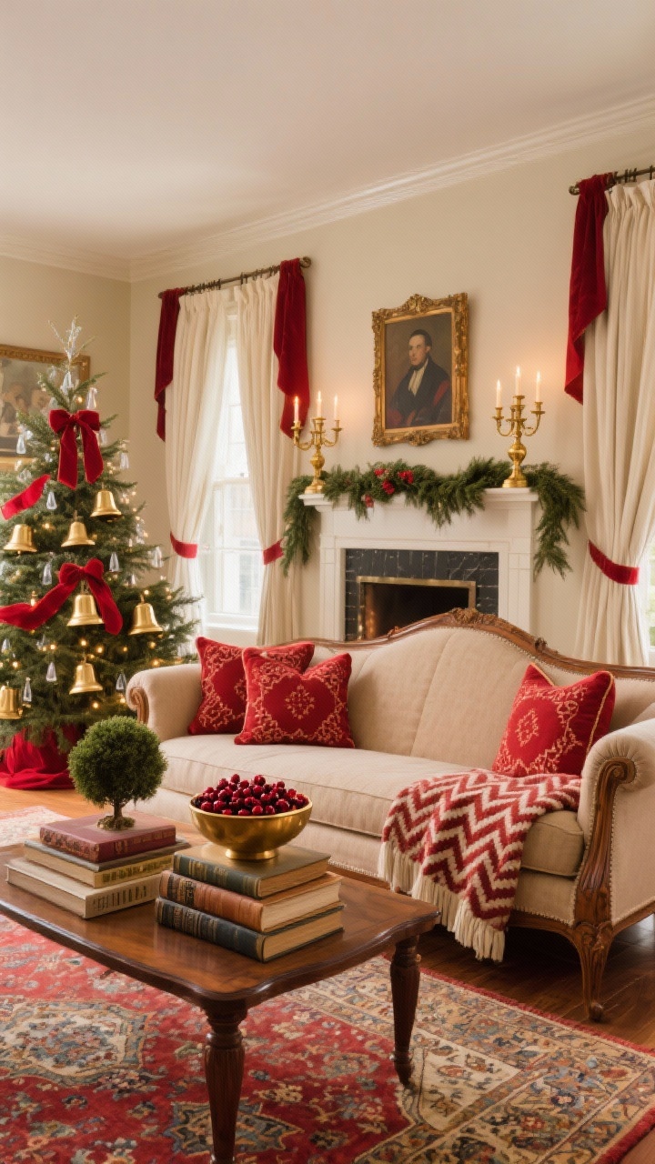 Wide shot, Heritage Red & Brass Parlor: warm neutral walls (cream/light taupe) with rich reds, brass, and mahogany/cherry wood; classic roll-arm or camelback sofa with red needlepoint pillows and herringbone throws; tree dressed in red velvet ribbon, brass bells, and clear lights; mantel layered with cedar garland, antique brass candlesticks, and portrait-style artwork; coffee table vignette: stack of vintage books, a brass bowl of cranberries, and a small topiary; cream drapes with red velvet tiebacks; Persian-style rug grounding the space; warm ambient light, photorealistic.