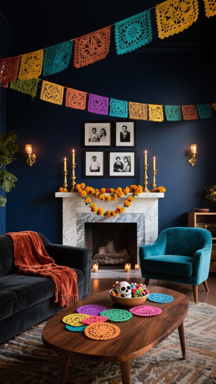 Wide shot — Midnight Marigold Living Room: A dramatic living room with a deep inky navy accent wall, a charcoal sofa draped with a rust velvet throw, two teal velvet accent chairs, and a low mid-century walnut coffee table stacked with colorful papel picado coasters and a bowl of sugar skull candies. Mantle overflowing with fresh marigold garlands, oversized papel picado garlands swagged high across the room, and brass candlesticks with beeswax tapers casting warm candlelight. Gold accents, navy-marigold-teal-rust palette. A framed black-and-white family photo cluster above a console with tiny votives beneath, photographed straight-on in evening light for high contrast, photorealistic.
