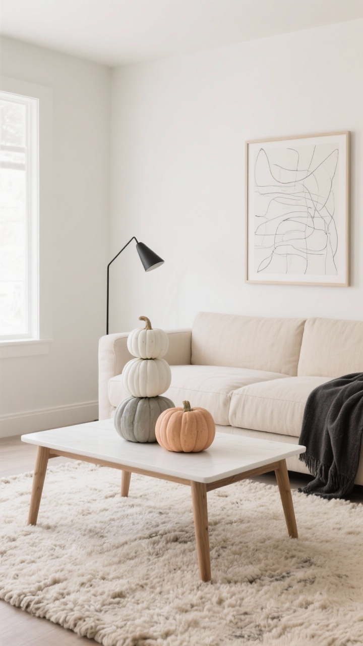 Wide shot, modern minimalist living room: a low-profile oat-beige linen sectional, white oak coffee table centered, streamlined black floor lamp, thin-framed abstract print on a soft ivory wall. Three matte chalk-painted pumpkins in warm white, greige, and soft clay clustered on the coffee table in staggered heights like sculptural art. A wool nubby rug in oat underfoot, a single charcoal throw draped on the sectional. Palette: oat, ivory, putty, charcoal. Soft natural daylight, serene and restrained, photorealistic.