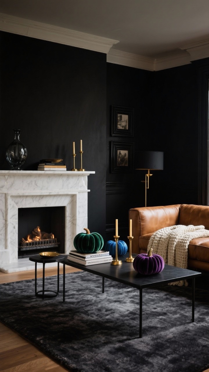 Wide shot, moody living room: inky black walls and a white plaster fireplace with a camel leather sofa, black metal side tables, and a chunky cream knit throw; on the mantel and coffee table, velvet pumpkins in deep emerald, sapphire, and aubergine perched on stacked coffee-table books and brass candlesticks; matte black frames, a smoky glass vase, and a charcoal rug complete the scene; dramatic, low evening lighting with warm brass glints; photorealistic, no people.
