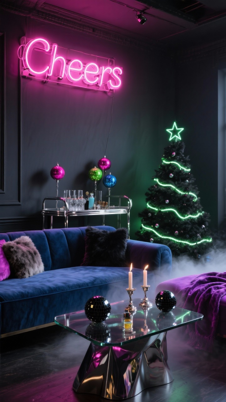 Wide shot — Neon Noir Lounge: A moody, photorealistic living room with matte charcoal walls and an ink-blue velvet sofa, a gloss-black sprayed Christmas tree wrapped with neon rope light and neon tube stars, a hot-pink “Cheers” neon sign glowing above a chrome-and-glass bar cart, ornaments in magenta, acid green, cobalt, and chrome, a smoked-glass coffee table styled with mirrored candleholders and tiny black disco balls, shearling pillows and an ultraviolet velvet throw, low atmospheric fog from a cedar-oil diffuser, nightclub lighting with neon reflections and deep shadows.