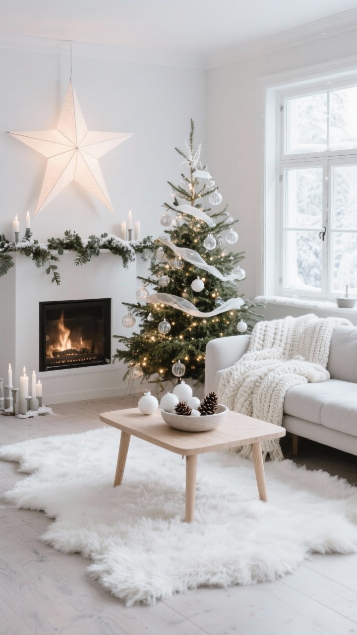 Wide shot, Nordic Snowfall Living Room: a serene Scandinavian living room in soft white and pale gray with natural oak accents; light linen or bouclé sofa draped with chunky ivory knit throws; pale oak coffee table styled with a low bowl of white ornaments and pinecones; airy Christmas tree with clear glass baubles, white ribbon, and warm micro lights; large paper star lantern glowing in the window; mantel dressed with fresh eucalyptus garland and white taper candles in matte ceramic holders; white sheepskin-style rug under the tree; soft morning light, subtle sparkle, snowdrift calm, no people, photorealistic.