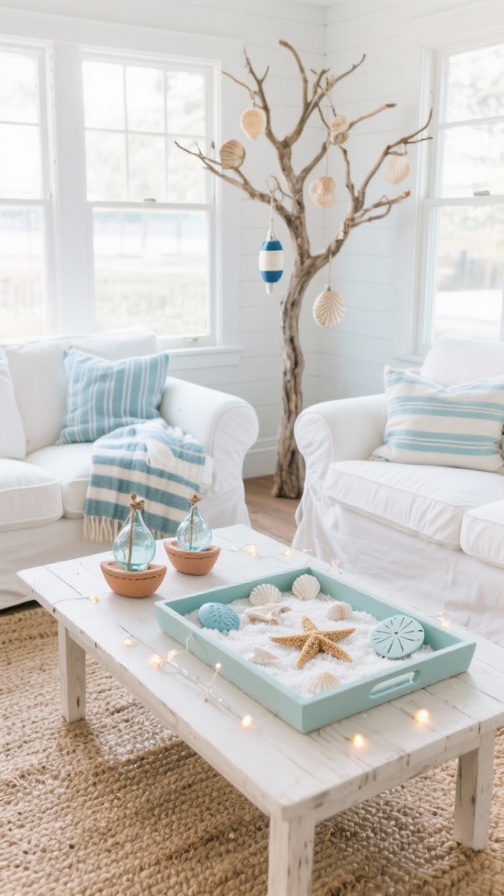 Wide shot of a coastal cottage lounge: white slipcovered sofas, jute rug, airy bleached-wood coffee table, soft sky blue accents and driftwood tones; sea-inspired clay decor arranged in a shallow tray—starfish, shells, sand dollars in seafoam, pale blue, and pearl white—nestled in faux snow with tiny battery-operated lights; twig tree with shell ornaments, a couple of small clay boat ornaments; glass fishing floats and striped throws; bright, breezy natural daylight.