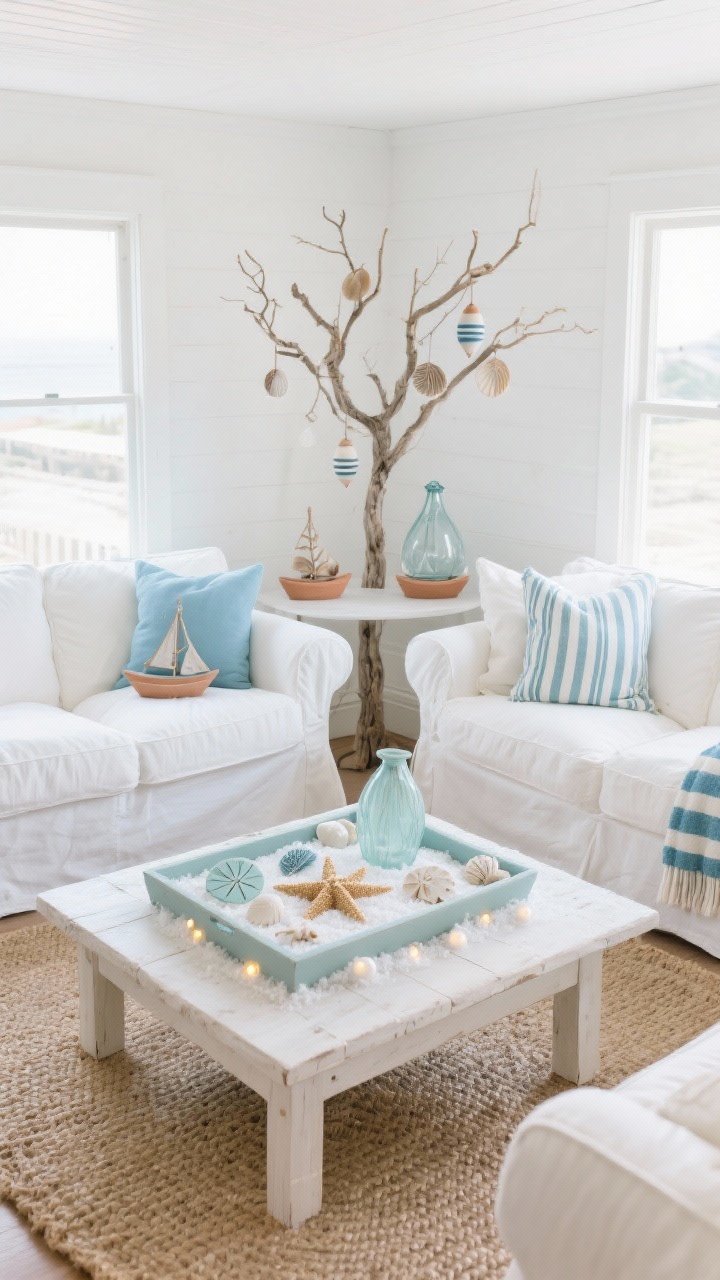 Wide shot of a coastal cottage lounge: white slipcovered sofas, jute rug, airy bleached-wood coffee table, soft sky blue accents and driftwood tones; sea-inspired clay decor arranged in a shallow tray—starfish, shells, sand dollars in seafoam, pale blue, and pearl white—nestled in faux snow with tiny battery-operated lights; twig tree with shell ornaments, a couple of small clay boat ornaments; glass fishing floats and striped throws; bright, breezy natural daylight.