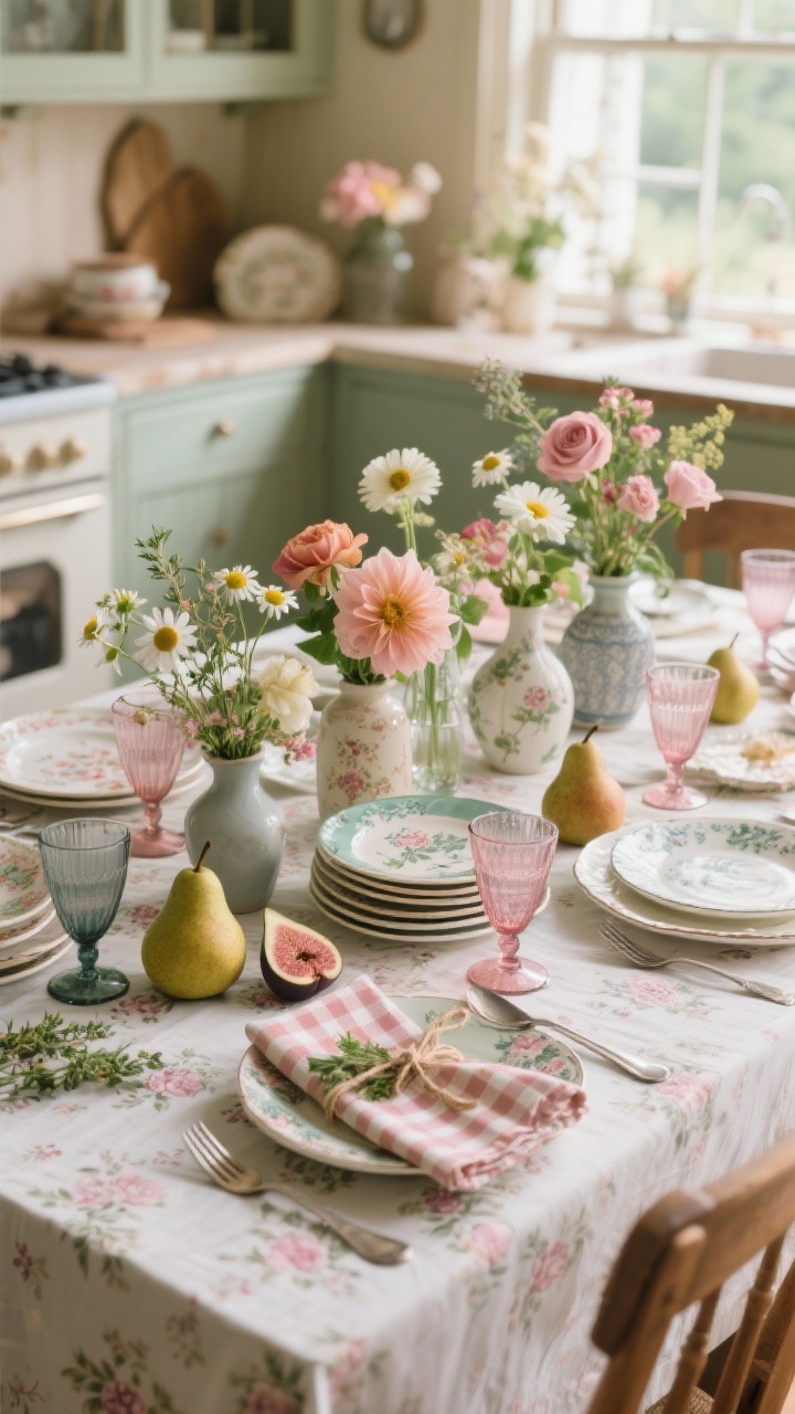 Wide shot of a cottagecore dining table brimming with mix-and-match florals: tiny floral print tablecloth in faded rose and sage, stacked assorted vintage plates with complementary patterns; playful run of mismatched bud vases filled with dahlias, garden roses, chamomile, and sprigs of thyme; a few pears and figs tucked in for whimsy. Gingham or ticking stripe napkins tied with twine and a clipped herb, vintage silver flatware with gentle patina, colored goblets in blush and smoke. Warm, nostalgic kitchen ambiance with soft morning light, layered and charming, photorealistic.