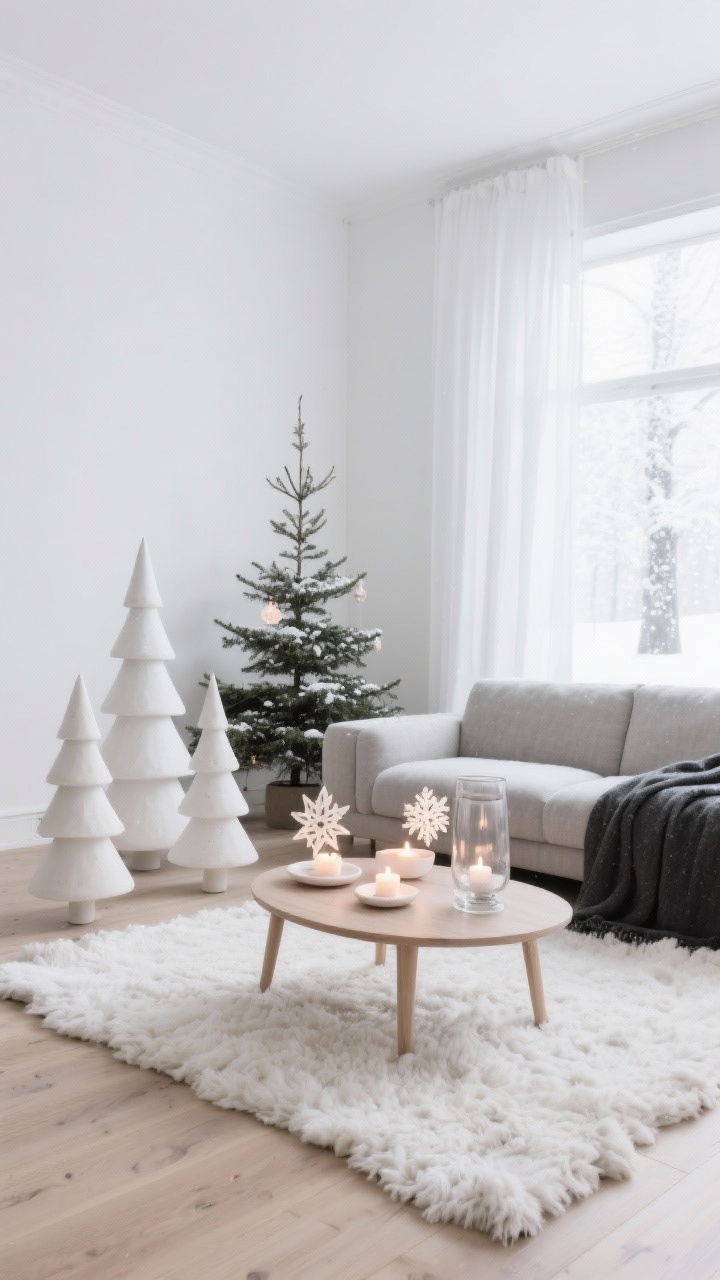 Wide shot of a Nordic snowfall living room: crisp white walls, pale oak floors, a low warm-gray linen sofa, chunky ivory wool rug, and a light wood Scandinavian-style coffee table; matte white clay accents including minimalist cone trees in varying heights, star-shaped tea light saucers with soft candle glow, and delicate matte snowflake ornaments on a slim Fraser fir; sheer white curtains, glass hurricanes, single charcoal throw; serene, diffused daytime natural light, no shimmer, clean smooth edges, photorealistic.