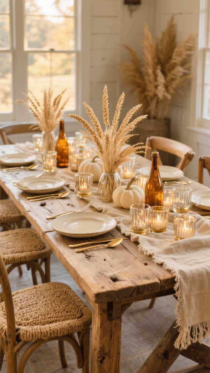 Wide shot of a rustic luxe farmhouse dining scene in honey and wheat tones: raw wood trestle table left bare to show grain, nubby oatmeal runner, warm cream stoneware plates; clusters of mercury glass votives interspersed with small arrangements of wheat, dried grasses, and pale gourds; a few amber bottles with single stems for airiness. Handwoven natural jute chair pads, honey-toned linen napkins with frayed edges, brushed gold flatware. Cozy, grounded palette of honey, wheat, cream, and soft gold; warm late-afternoon natural light through farmhouse windows, tactile textures, photorealistic.