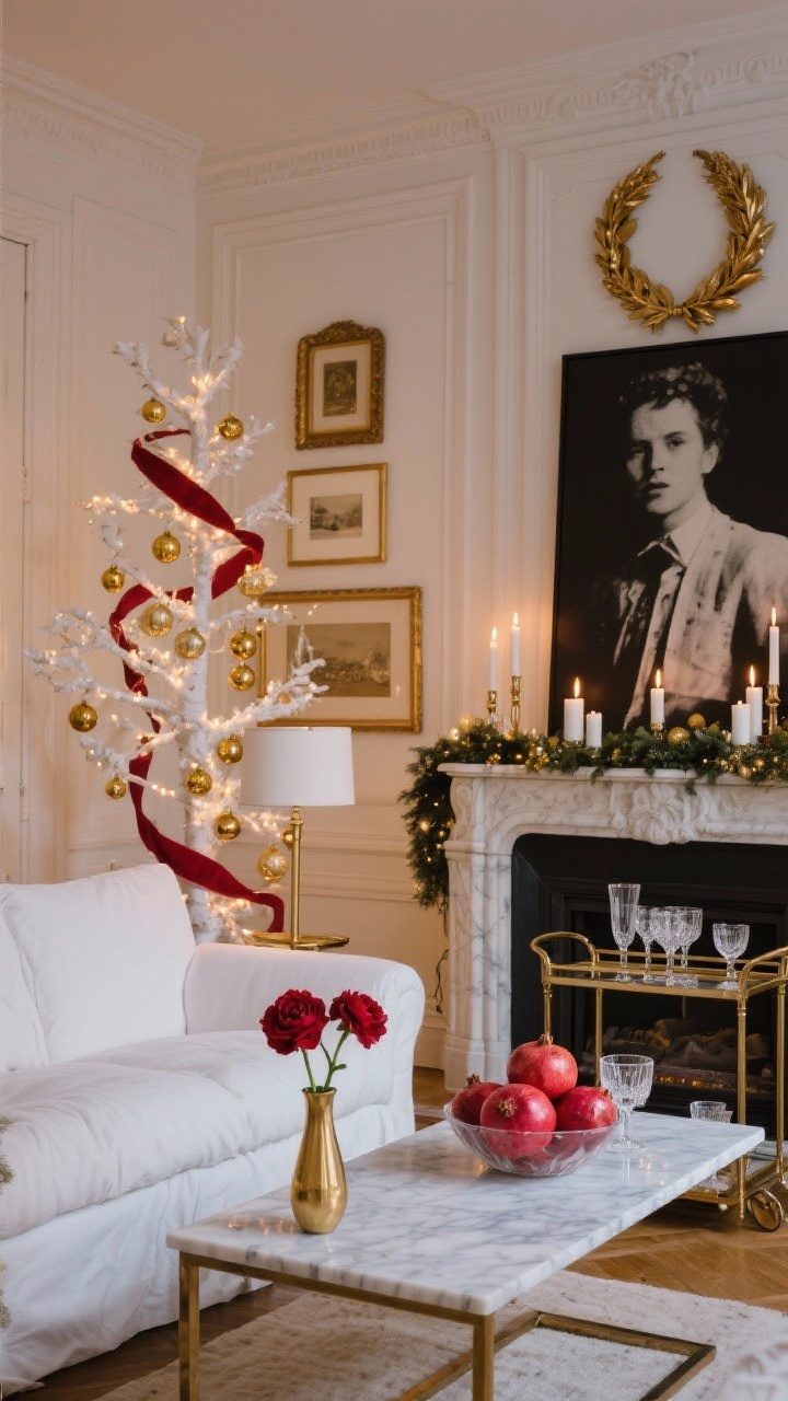 Wide shot, Parisian apartment chic: white slipcovered sofa, marble-top coffee table, delicate brass floor lamp; mantel dressed with elegant garland, white taper candles, and a few red ranunculus in a small gold bud vase; refined tree with white lights, matte and glossy gold ornaments, red satin ribbon woven through, and a gold laurel topper; oversized black-and-white art leaning on walls with layered gold picture frames; a bar cart with crystal coupes and a bowl of bright red pomegranates; creamy white, Bordeaux red, antique gold; linen, marble, brass, satin; soft, romantic evening lighting.