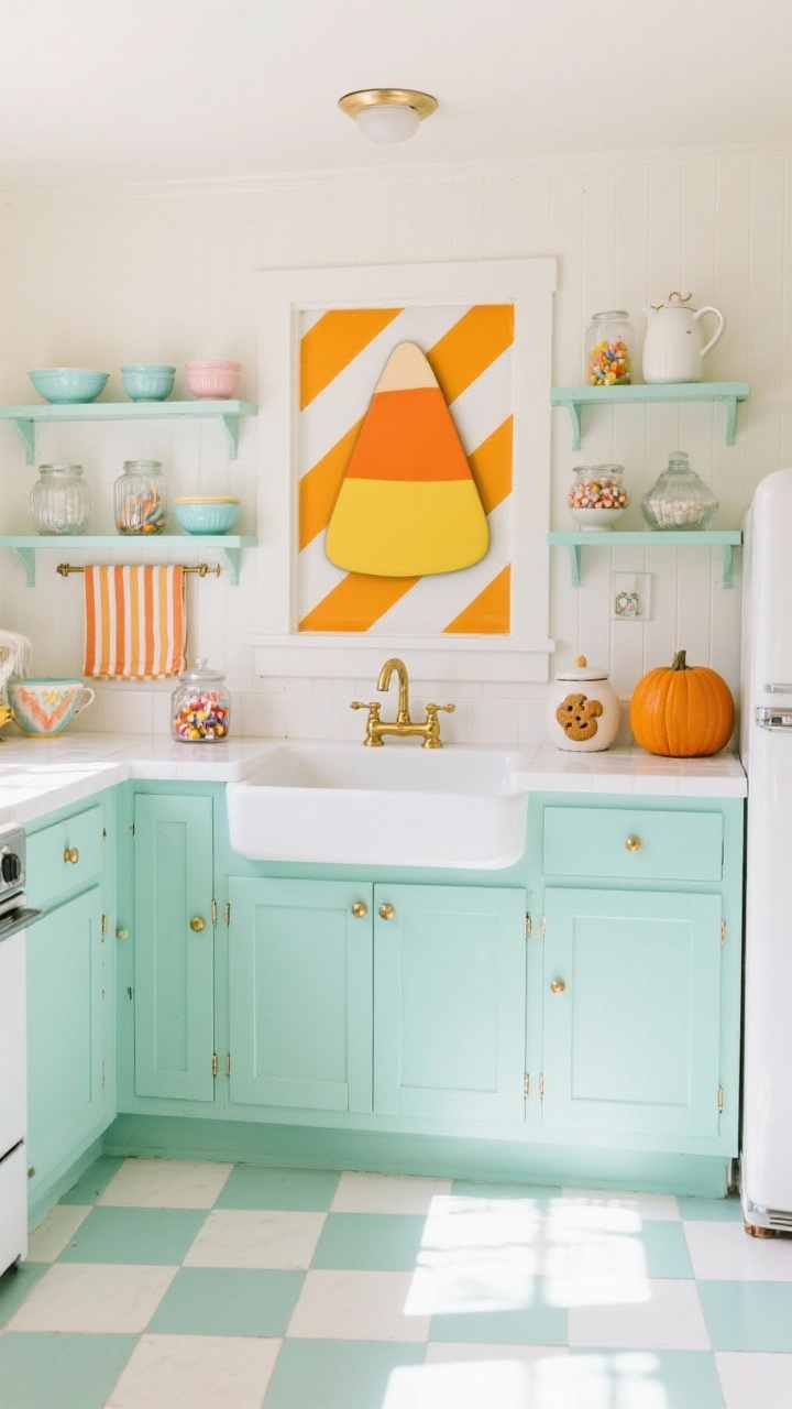 Wide shot, retro kitchenette with an iPhone wallpaper featuring a bold candy corn pattern in white-orange-yellow stripes; mint retro fridge, white shaker cabinets, ceramic farmhouse sink; brass cup pulls gleaming, buttercream-and-white checkerboard floor; open shelves with pastel ramekins, milk glass bowls, candy jars, striped tea towels, ceramic pumpkin cookie jar; palette mint, candy corn tri-tone, white, brass; bright morning light, photorealistic.
