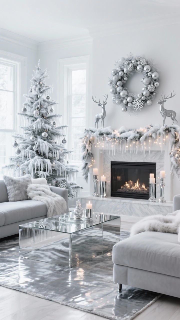 Wide shot: Silver frost contemporary living room with a dove-gray low-profile sectional on a high-shine rug; cool-toned tree with silver ornaments, glass icicles, and snowflake garlands; mantel styled with silver reindeer figurines and mirrored candleholders reflecting twinkle lights; color story of silver, white, and cool gray; textures of satin, glass, lacquer, and faux fur throw; oversized snowy wreath with silver baubles; crisp, icy lighting.