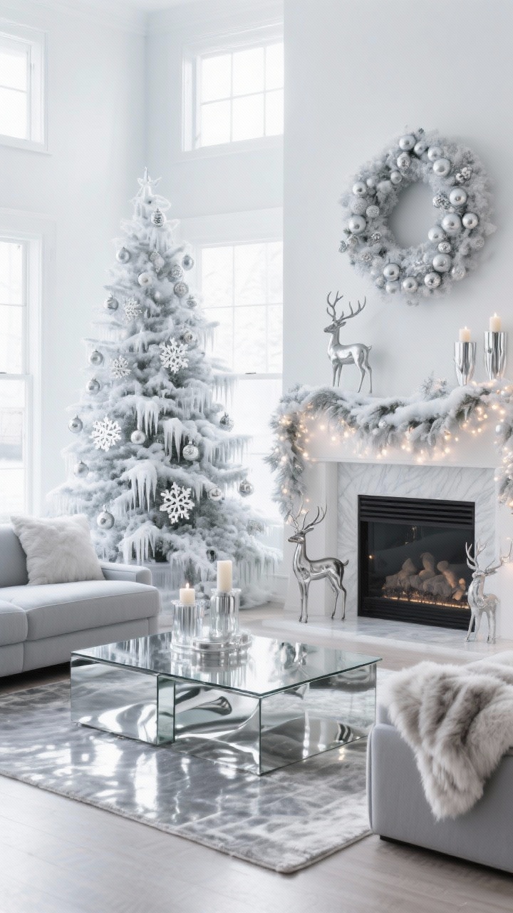 Wide shot: Silver frost contemporary living room with a dove-gray low-profile sectional on a high-shine rug; cool-toned tree with silver ornaments, glass icicles, and snowflake garlands; mantel styled with silver reindeer figurines and mirrored candleholders reflecting twinkle lights; color story of silver, white, and cool gray; textures of satin, glass, lacquer, and faux fur throw; oversized snowy wreath with silver baubles; crisp, icy lighting.