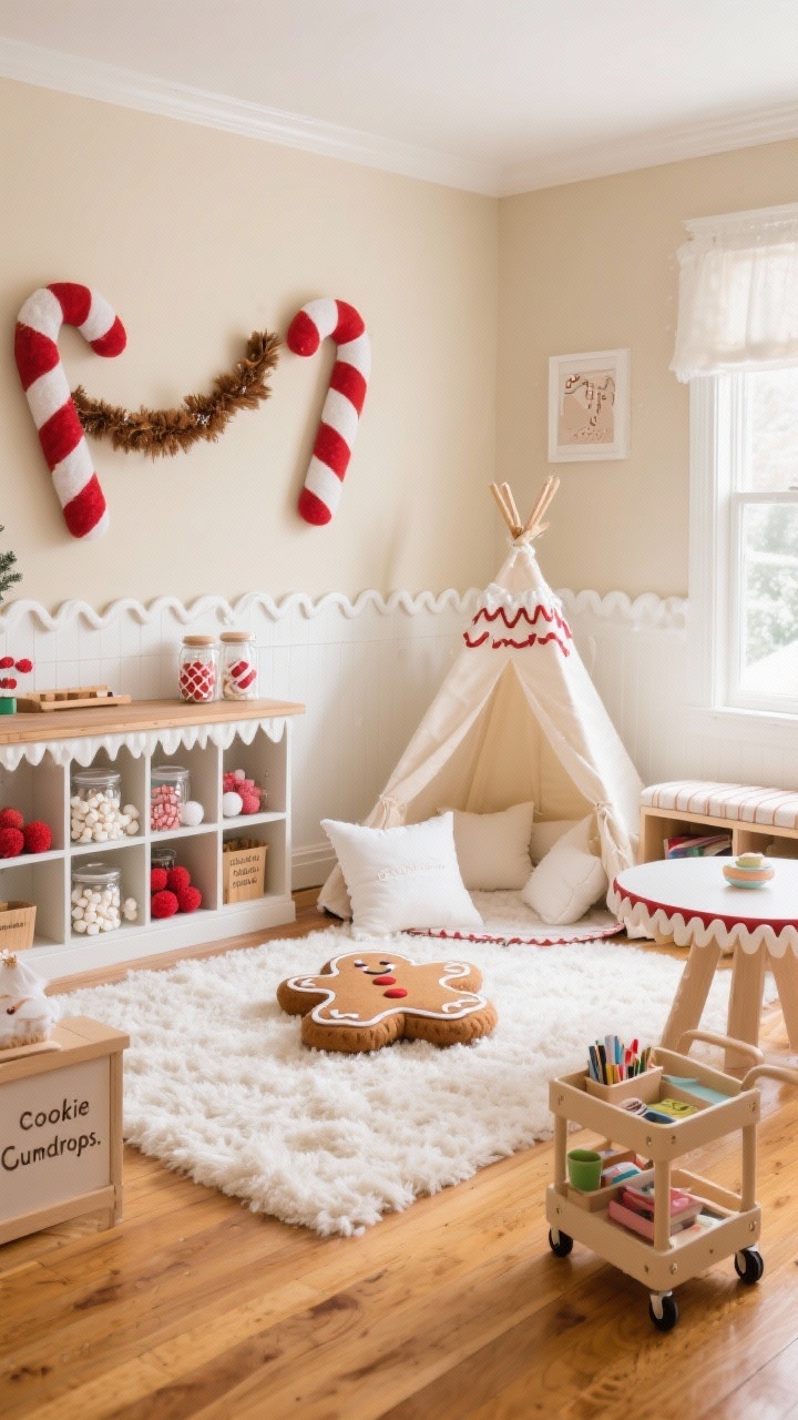 Wide shot, Snowy Cookie Cottage Playroom: a cozy playroom with buttery beige walls and a white scalloped chair rail like icing, warm honey-toned wood floors with a cream shag rug that looks like fluffy snow. Along one wall, a kid-height bakery counter with cubbies and labeled jars reading marshmallows, pom-poms, wooden “gumdrops.” Above the counter hang oversized felt candy canes and a peppermint garland. A soft tent nook forms a “cookie den,” filled with frosting-white pillows and a gingerbread-shaped floor cushion. Include a low storage bench, a round kid table with an icing-like scallop edge, and a mini rolling craft cart. Palette: vanilla cream, caramel brown, candy cane red, peppermint white. Soft natural daylight, whimsical holiday mood, photorealistic.