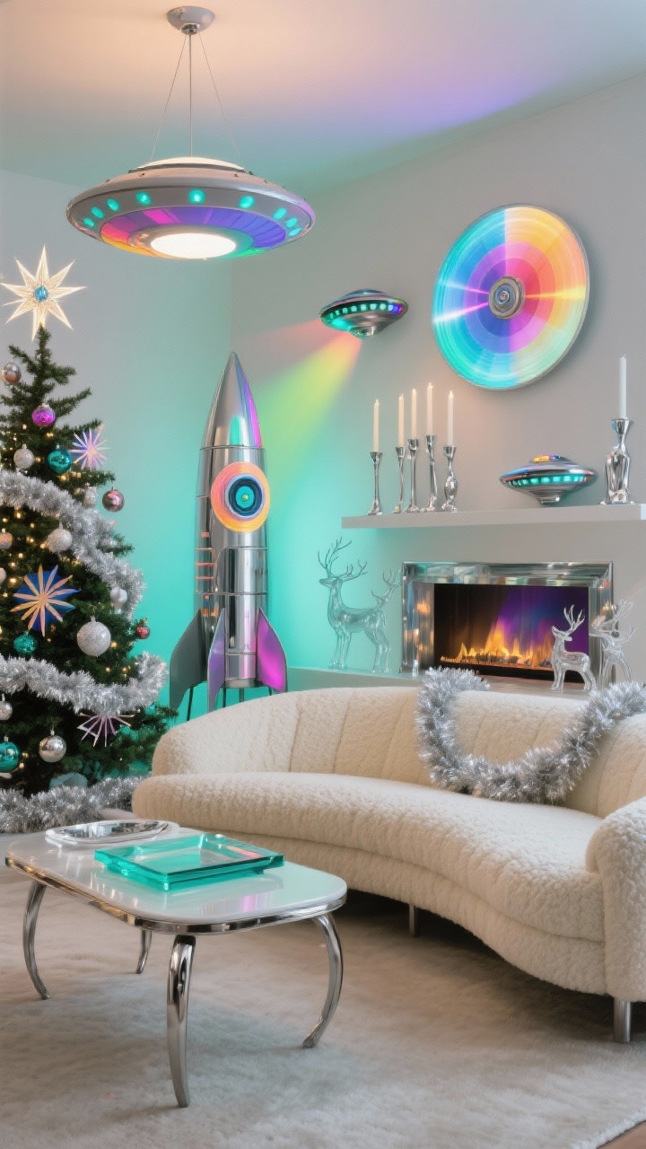 Wide shot — Space Age Sleigh: Retro-futuristic living room with a low curved cream boucle sofa facing a chrome-legged coffee table, a silver tinsel rocket-shaped tree adorned with op-art ornaments, atomic starbursts, and a spinning color wheel projector washing rotating hues across the room, mantle styled with mercury glass “UFOs” and shiny candlesticks, acrylic reindeer, chrome garland, lucite trays, and accent pops of atomic teal; lighting includes a saucer pendant and the colorful projector glow.