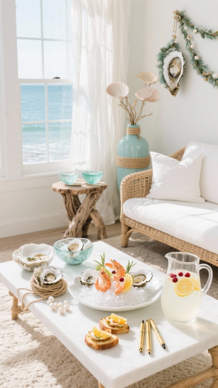 Wide shot, sunlit corner angle: Coastal Noel sunroom with a rattan sofa and white cushions, driftwood side tables, gauzy curtains billowing, rope-wrapped vases, seaglass bowls, and a shell garland. On a white-platter oyster ornament bar: bleached oyster shells, twine, tiny pearls, gold paint pens laid out neatly. Food accents include lemony crab crostini, shrimp cocktail on crushed ice with citrus slices, and a clear pitcher of chilled white sangria with floating cranberries. Palette: sea salt white, sand, soft aqua, driftwood. Bright, airy daylight. Photorealistic.