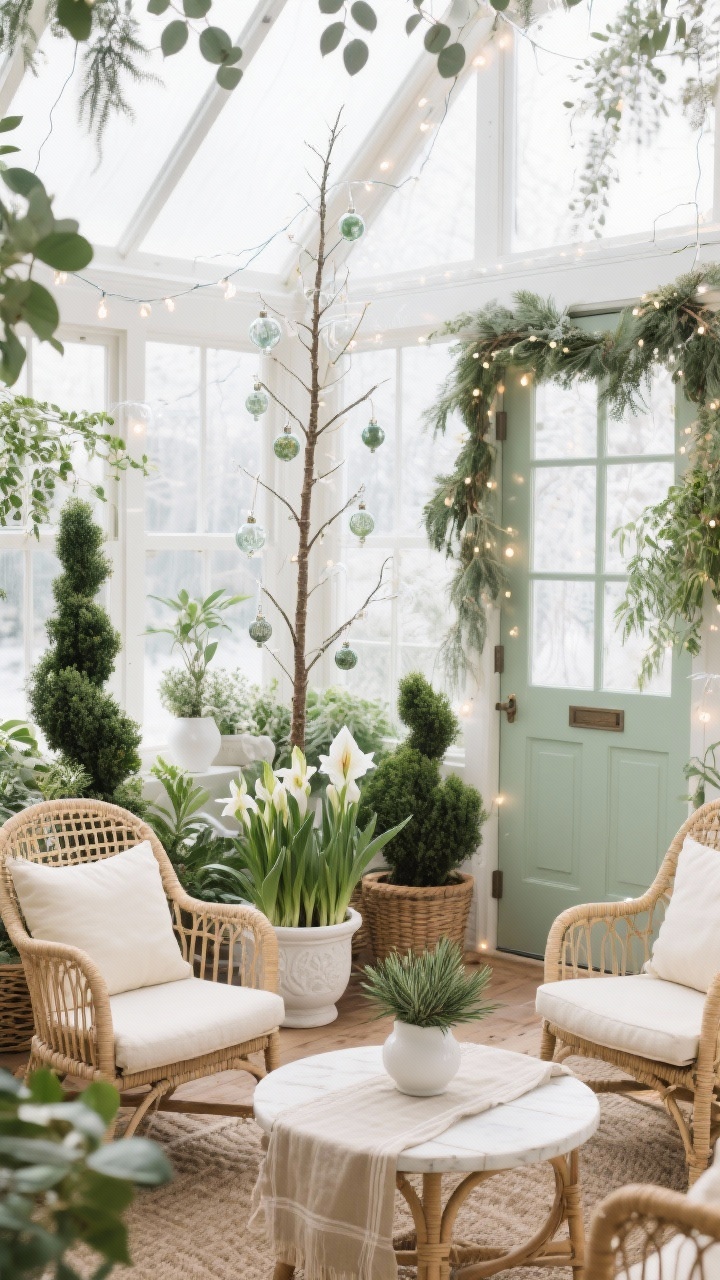 Wide shot, Winter Greenhouse Sunroom: light-filled sunroom with abundant fresh greenery, woven textures, and white ceramics; slim pencil tree adorned with glass ornaments and botanical motifs; potted paperwhites, amaryllis, and rosemary topiaries clustered around; rattan chairs with cream cushions and a small bistro table topped with a linen runner; palette of sage, cream, and natural wood; mixed eucalyptus garland on windows/doorways; clear string lights intertwined with plants for a fairy-lit conservatory feel; bright, fresh, photorealistic.
