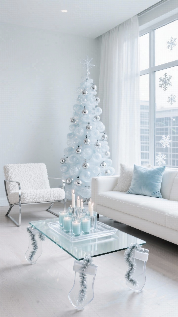 Wide, sleek modern condo living area with luminous feel: glass coffee table, white boucle sofa, steel-framed accent chair, light floors and gauzy white curtains; narrow sculptural Christmas tree adorned with clear glass drops, frosted orbs, and silver clip-on candles; clear acrylic tray on the table holding clustered frosted glass tealight holders; accents of glass garland, lucite stocking holders, crystal snowflake decals on windows; single pale blue velvet pillow on the sofa; palette white, silver, clear, whisper of icy blue; cool, crisp daylight with soft sparkle, photorealistic.