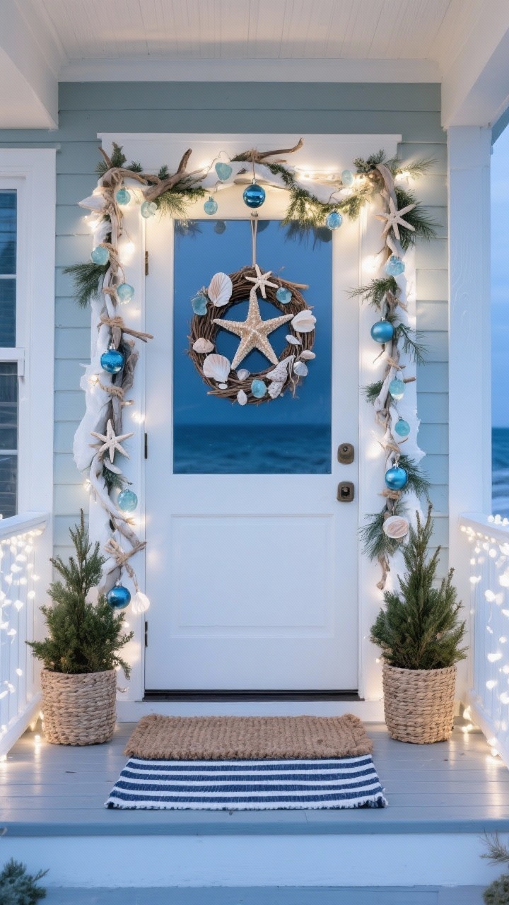Wide, straight-on coastal porch shot with cool twilight ambiance: doorway wrapped in white cedar garland dotted with sea-glass ornaments, rope accents, and driftwood stars; wreath featuring starfish, shells, and frosted blue baubles; woven seagrass planters holding small evergreens; a striped navy runner layered under a coir mat; cool white twinkle lights for an icy coastal shimmer; palette of soft blue, sandy beige, white, and greenery, photorealistic.