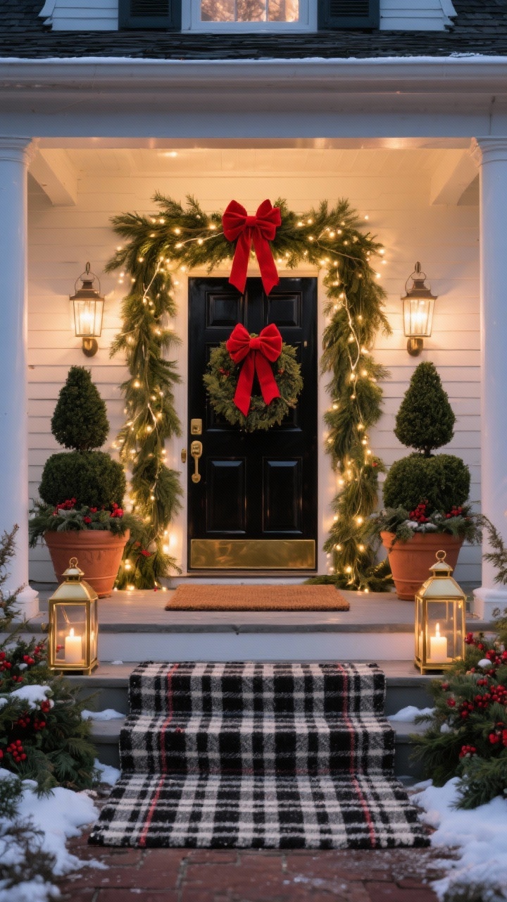Wide, straight-on exterior shot of a Colonial-style porch at dusk: a glossy black front door crowned by a thick cedar-and-pine garland woven with warm clear string lights and large red velvet bows; symmetrical lit topiaries flanking the door; terracotta pots on the steps filled with winter greens and holly; brass lanterns with LED candles glowing; layered rugs with a plaid doormat over a black-and-white striped rug; color palette of red, evergreen, black, white, and brass, photorealistic.