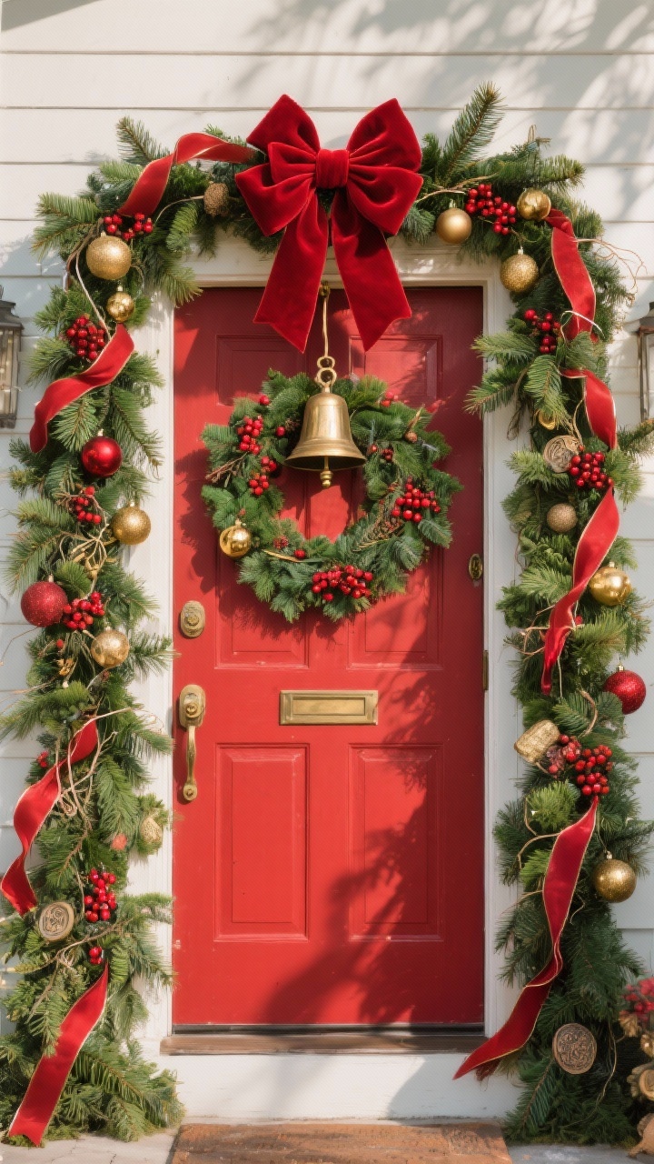 Wide, straight-on front door shot: a classic red door framed by a lush DIY garland made from faux pine bulked up with real cedar and pine clippings secured with floral wire; clusters of red berries tucked in, loose ribbon tails, and a scattering of thrifted antique-gold ornaments; a giant red velvet bow crowning the top; a vintage brass bell hanging on a ribbon pull; color palette red, emerald green, antique gold; bright daytime natural light for a postcard look.