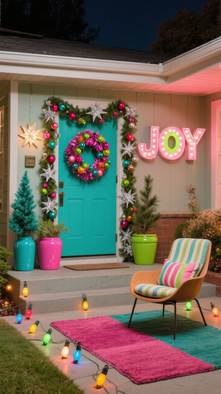 Wide, straight-on retro mid-century porch at night with saturated color: tinsel wreath loaded with multicolor baubles on the door; pine garland trimmed with starburst ornaments framing the entry; retro marquee letters spelling JOY glowing beside the door; glossy planters with bottlebrush trees in teal, pink, and lime; a color-blocked outdoor rug; an Eames-style chair with a striped cushion; multicolor C9 bulbs casting a classic vintage glow; palette of teal, cherry, pink, chartreuse, and tinsel silver, photorealistic.