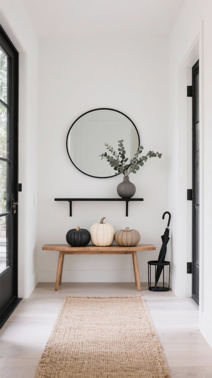 Wide, straight-on shot of a modern minimal entryway: light oak bench beneath a round black-framed mirror, jute runner on light floors, slim black console with a single ceramic vase holding dried eucalyptus. Cluster matte monochrome pumpkins painted in charcoal, bone, and warm greige—three on the bench, two on the floor beside a black umbrella stand. Emphasize negative space, calm sculptural forms, and quiet luxury with soft natural daylight; no gloss, clean lines, black accents.