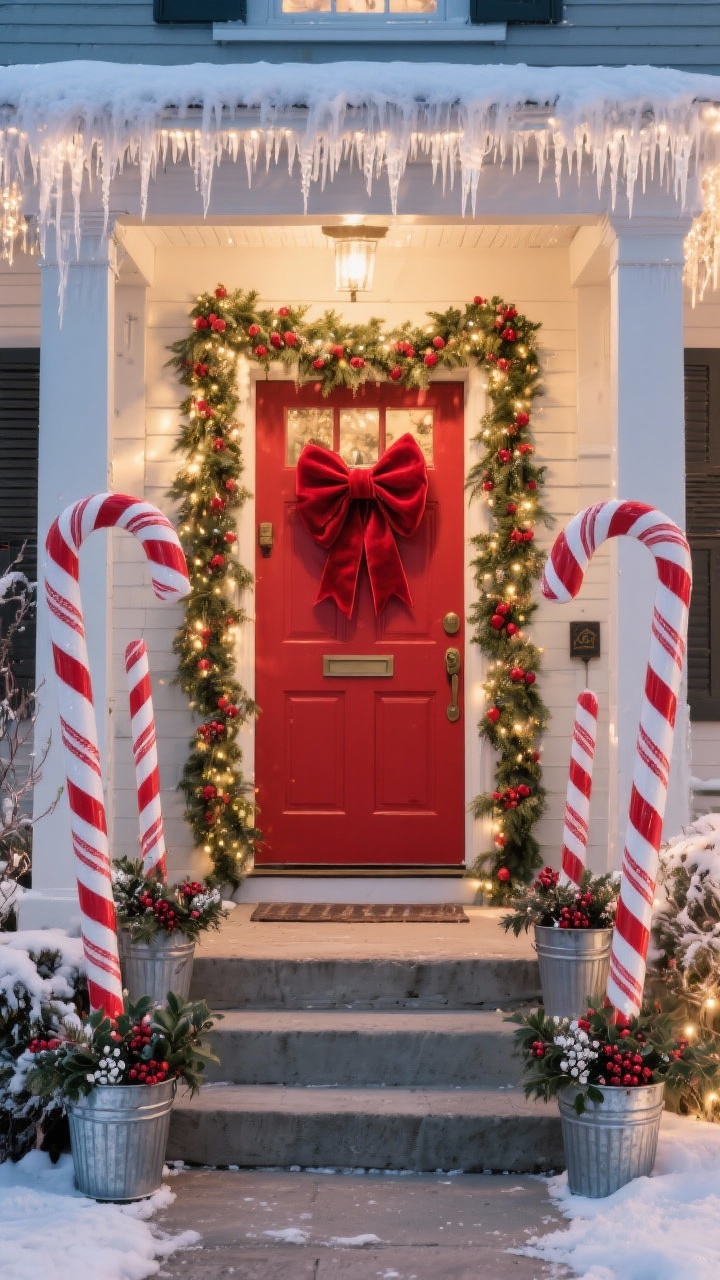Wide, straight-on view of a classic red front door framed for the holidays: oversized candy cane stakes lining the walkway, lush garland around the door threaded with red-and-white striped ribbon and finished with a big red velvet bow, galvanized buckets on the steps filled with holly branches and faux berries, warm white icicle lights sparkling along the eaves to evoke a first-snow effect; festive, photo-ready atmosphere at twilight.
