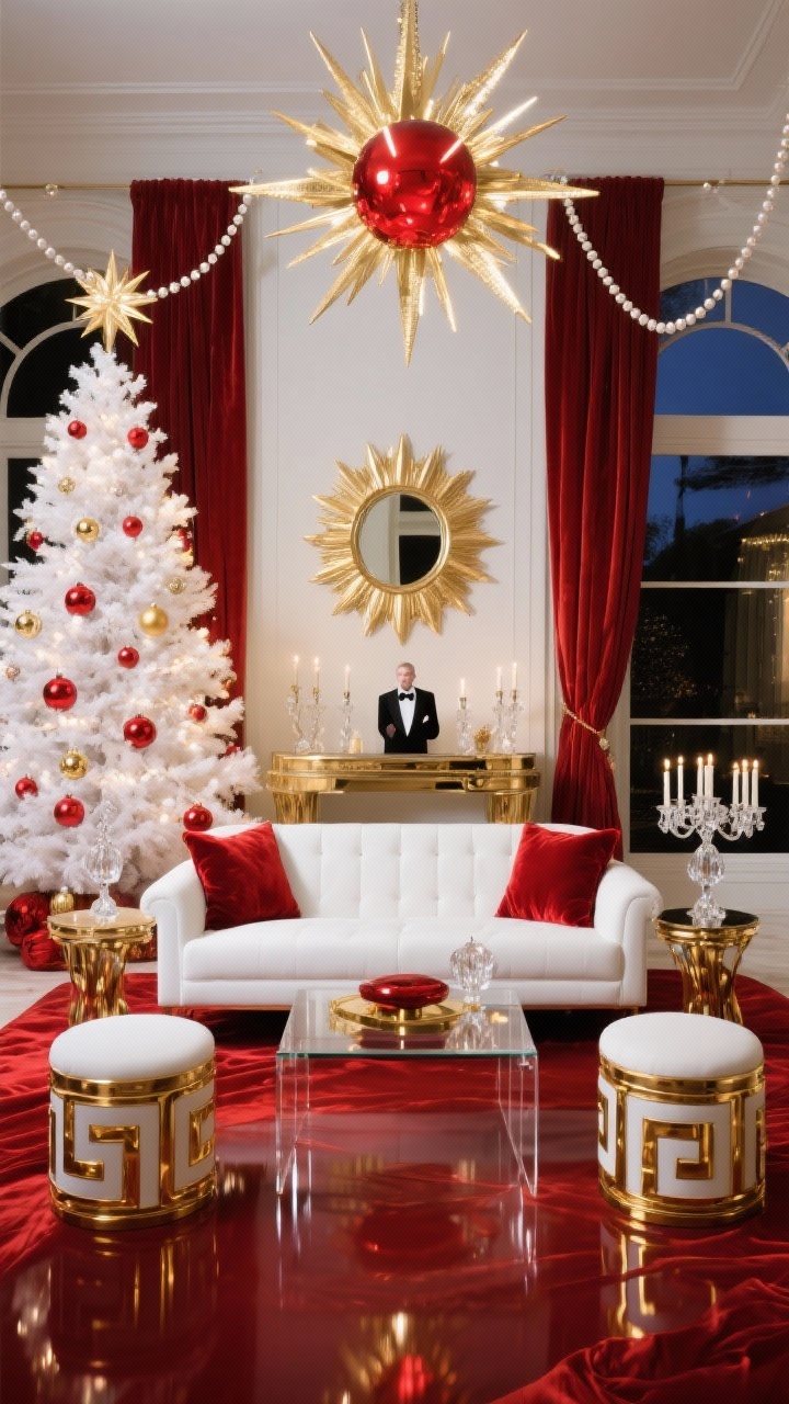 Wide, symmetrical glam scene: white tuxedo sofa facing a lucite-and-brass coffee table; side tables with gold Greek key details; scarlet velvet drapes pooling on the floor; glossy lacquered console with crystal candlesticks; tall, perfectly shaped tree with white lights, oversized red glass ornaments, gold starbursts, pearl garlands, radiant star topper; pair of gold-and-white stools as sculptural accents; a sunburst mirror centered above; bright white, lipstick red, polished gold; velvet, lacquer, glass, crystal; dramatic, high-contrast evening glow.