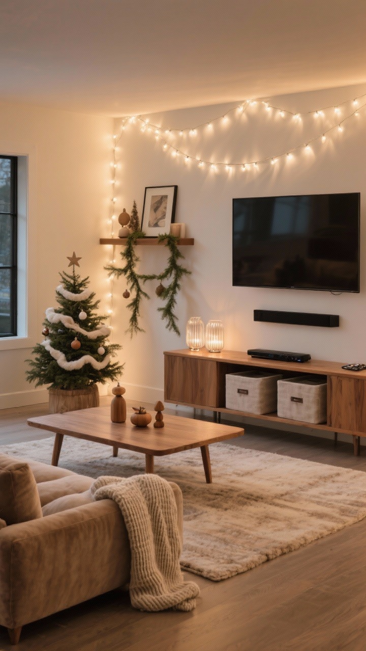 Wide, warm minimal media room for movie night: low sectional in mushroom velvet, plush tonal rug, slim oak media console; tabletop fir on the console with mini wooden ornaments and a linen tree collar; warm white string lights glowing behind the TV wall for ambient backlight; fluted glass votives on the console, ribbed knit throws on the sofa, linen storage cubes for remotes on a shelf; a minimal felt garland draped across a single floating shelf with casually leaned art; palette mushroom, sand, oak, evergreen; soft, cinematic evening lighting, no reflections, photorealistic.