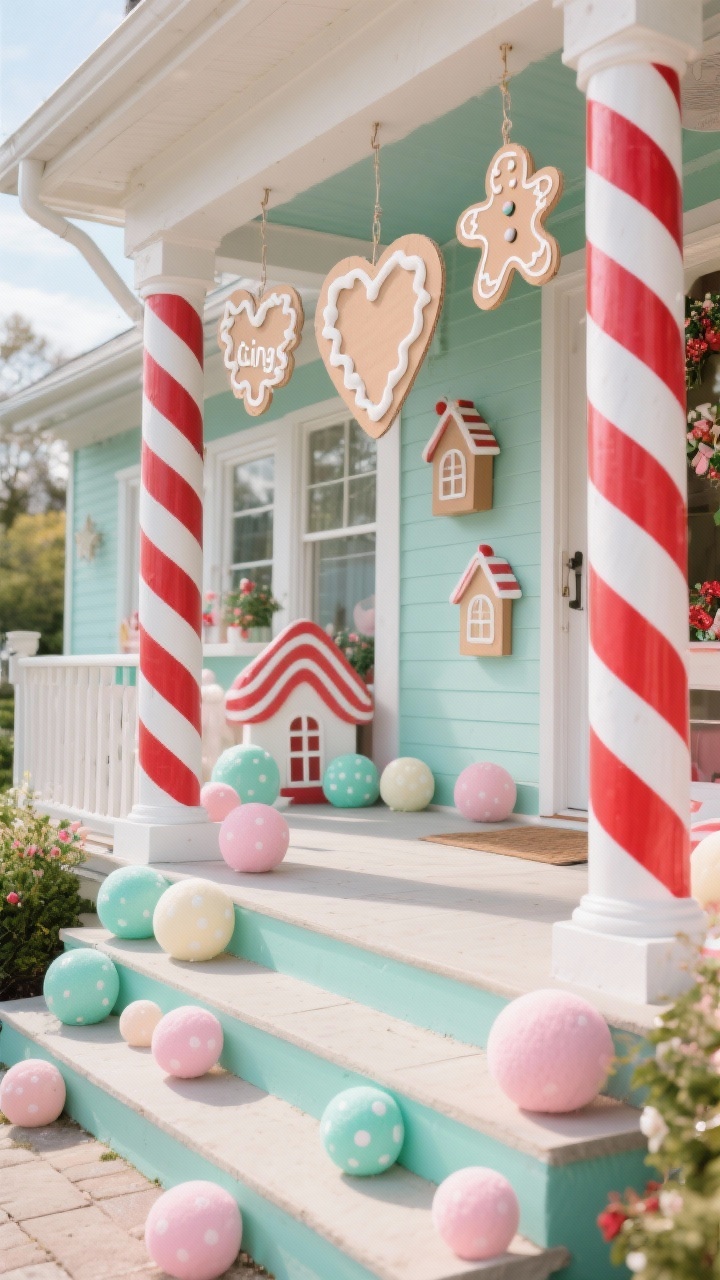 Wide whimsical porch view: posts wrapped in red-and-white striped ribbon to mimic candy canes; oversized pastel “gumdrops” (painted foam balls) scattered along steps and ledges in mint, blush, buttercream; hanging gingerbread-style cutouts (hearts, stars, little houses) from thin plywood/cardboard with white “icing” outlines; playful festive feel; color palette candy red, white, mint, blush, buttercream; bright cheerful daylight; straight-on.