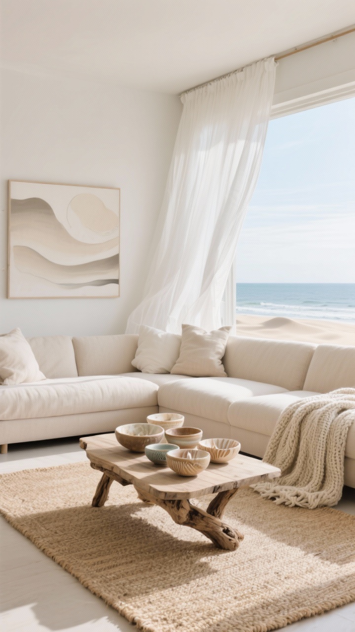 Airy wide shot with coastal breeze, “Coastal Sand Dune Serenity”: sand-colored sectional, driftwood coffee table, gauzy white linen curtains gently billowing; pale jute rug, chunky knit throw draped; cluster of ceramic bowls in shell tones on table; abstract airy neutral art; soft seaside daylight; materials linen, jute, driftwood, ceramic.