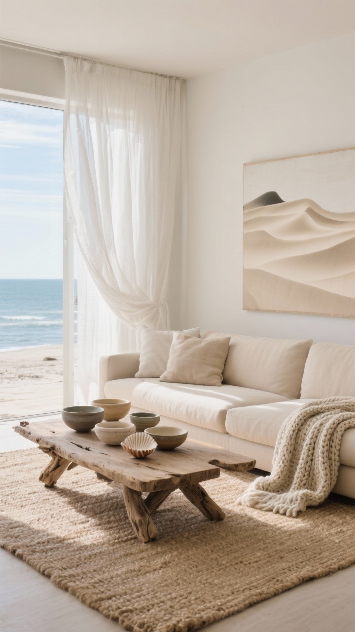 Airy wide shot with coastal breeze, “Coastal Sand Dune Serenity”: sand-colored sectional, driftwood coffee table, gauzy white linen curtains gently billowing; pale jute rug, chunky knit throw draped; cluster of ceramic bowls in shell tones on table; abstract airy neutral art; soft seaside daylight; materials linen, jute, driftwood, ceramic.