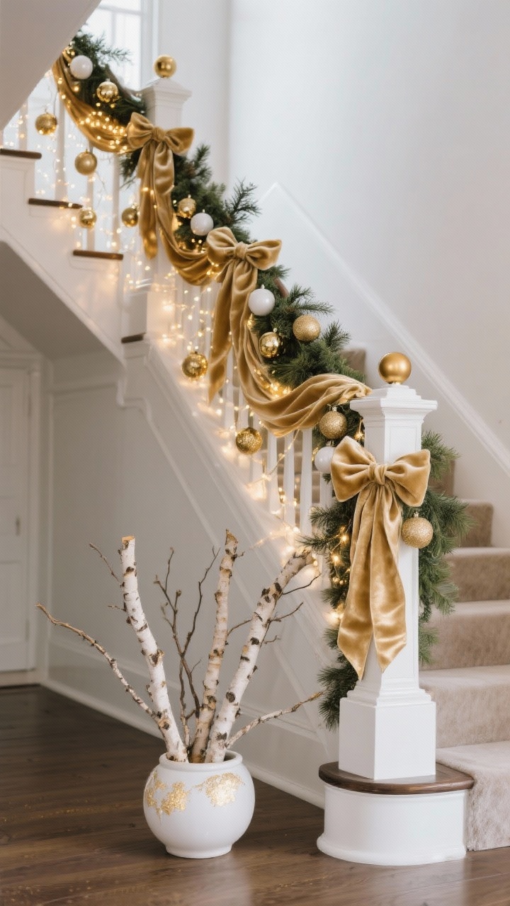 Angled staircase wide shot, dusk sparkle: white faux cedar garland draped along the outside of the banister for safe grip; loose cascades of gold satin ribbon layered throughout; at each newel post, clusters of gold and white ornaments tied with plush velvet bows; warm fairy lights woven through the garland; base anchored by a white ceramic urn filled with birch branches lightly sprayed in gold; palette of white, champagne, and soft greenery; photorealistic, no people.