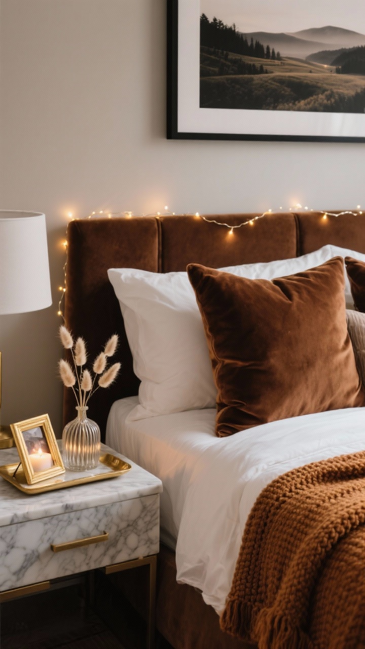 Bedroom closeup, nightstand detail, side angle: luxe retreat with mocha velvet pillows and crisp white bedding in the background, caramel knit throw at the foot. On a marble-look tray: ribbed glass candle lit, a tiny bud vase of dried bunny tails, and a gold-framed photo. Above the bed, a black-framed landscape print; micro fairy light strand draped across the headboard casting a soft evening glow. Colors: mocha, caramel, white, gold. Warm, dim lighting, photorealistic.