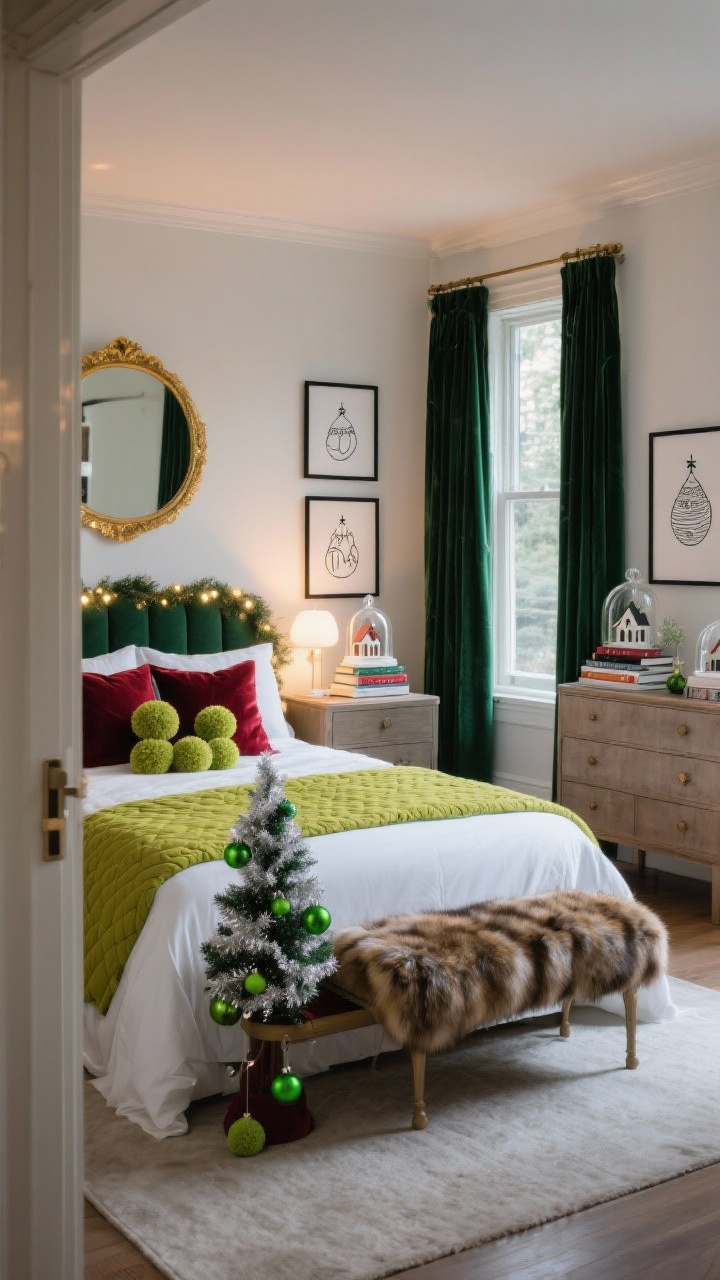 Bedroom medium-wide shot from doorway: serene Grinch-chic suite with crisp white linens layered with a chartreuse quilt and cranberry velvet shams; small pom-pom pillows for playful texture; bench at the foot draped in luxe faux fur; petite tinsel tree on the dresser with white lights and lime baubles; emerald velvet curtains framing the window; gold-framed mirror adding warmth; nightstands styled with stacked books and glass cloches containing tiny Whoville houses; minimal line drawings of ornaments in black frames; soft, warm evening lighting; photorealistic