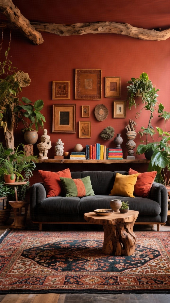Bold layered wide shot, “Earth-Toned Maximalist Mix”: deep rust wall backdrop, Persian-style patterned rug, charcoal sofa piled with mixed pillows in rust, olive, ochre; natural wood elements; abundant plants; display of found objects, ceramic sculptures, color-organized books; gallery wall with earthy-toned frames; balanced, lush composition.