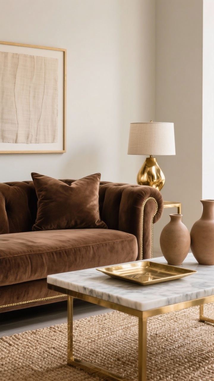 Chic medium closeup vignette, “Earthen Glam with Brass Notes”: mocha velvet sofa edge and cushions; brass-trimmed marble coffee table; sisal rug texture visible; matte clay vases; controlled shimmer—brass tray and sculptural brass lamp; framed linen art in background; palette mocha, espresso, brass, cream; soft, refined lighting.