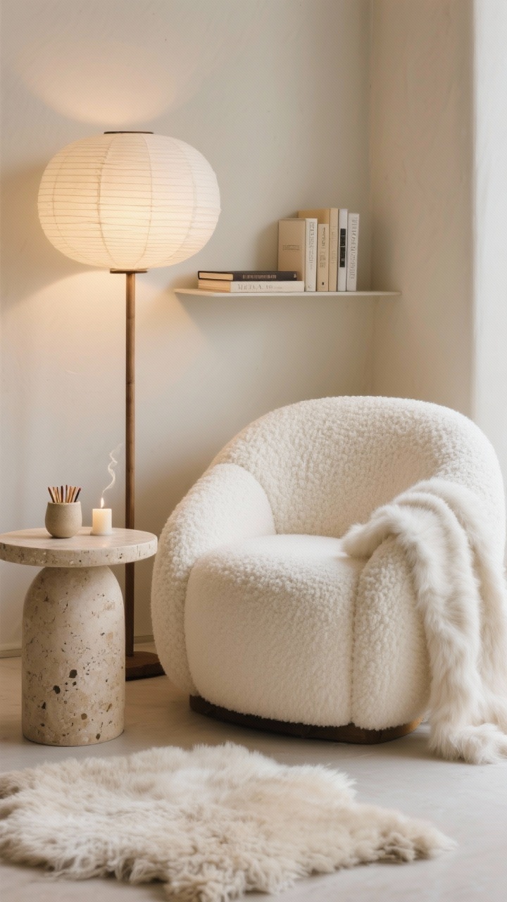 Closeup detail — Cloud-Soft Reading Corner: Focused shot on an ivory bouclé deep, curved lounge chair with a plush faux-fur throw draped over the arm; adjacent round low travertine side table. Background glow from a paper lantern floor lamp creating warm, diffuse light; a slim wall-mounted shelf with just three books and a tiny ceramic cup of matches next to a smokeless candle. Palette of ivory, parchment, sand; small shag/sheepskin-style rug peeking into frame; intimate cozy texture emphasis.
