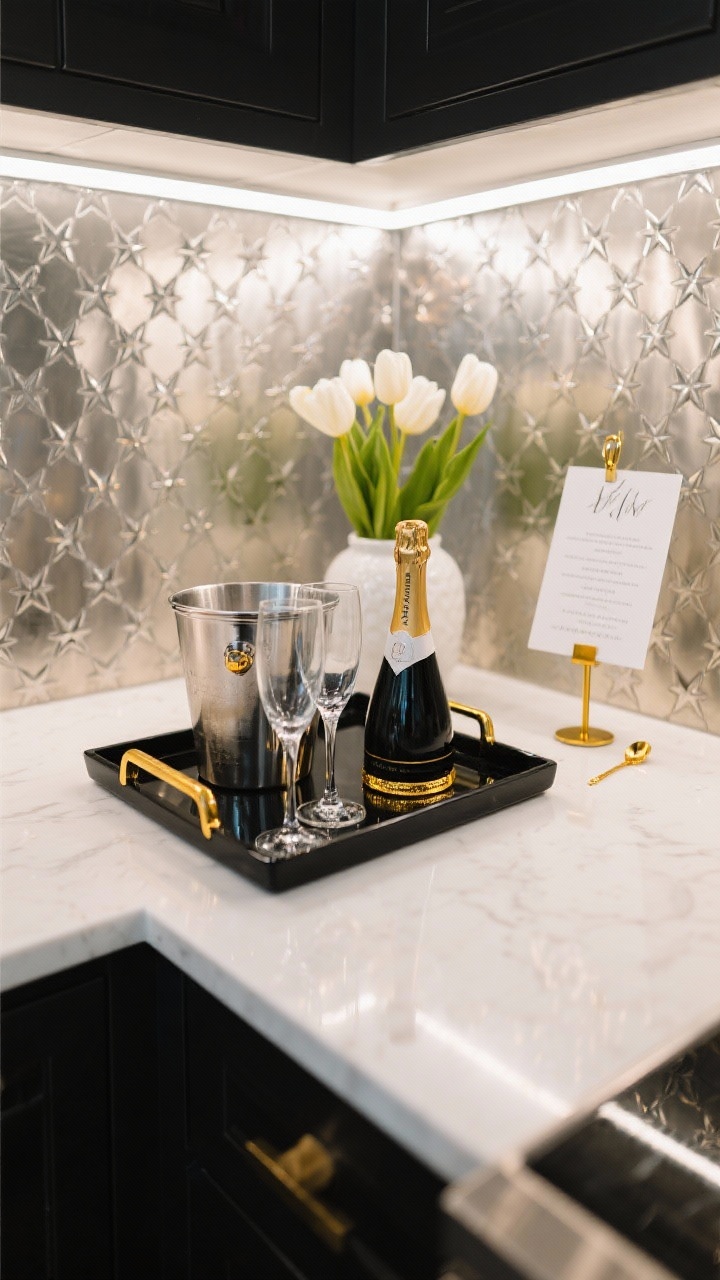 Closeup detail, overhead three-quarter angle: Black-Tie kitchen cocktail nook on a clean countertop featuring a black lacquer tray with gold handles holding a silver ice bucket, sleek champagne flutes, and a gold-rimmed decanter; warm-white LED under-cabinet strip lighting illuminating a metallic peel-and-stick tile backsplash or silver star decal pattern; a small vase with white tulips and a gold bar spoon; a menu card in calligraphy clipped to a gold stand; crisp reflections and metallic sheen.